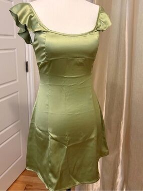 Satin Scoop Neck Ruffle Sleeve Dress in Sage Green